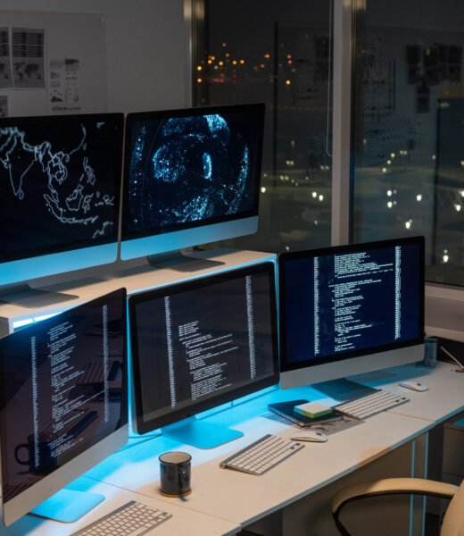 Group of computer monitors with coded data standing in row on desks in empty office of programming company at night time