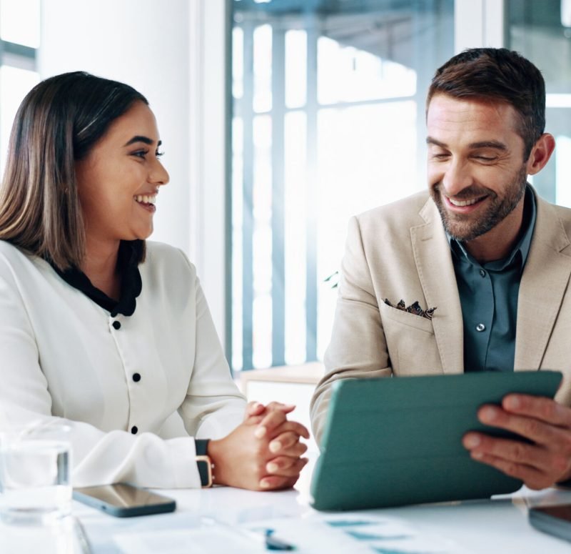 Happy, teamwork and people with tablet, business and review of ad campaign performance or media buy.